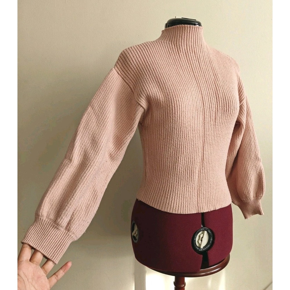 Catherine‎ Malandrino Small Pink Rib Knit High Neck Sweater Balloon Puff Sleeve